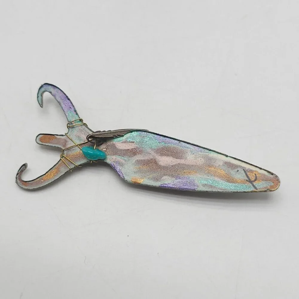 Southwest Turquoise Feather Brooch Pin With Multicolor Abstract Design